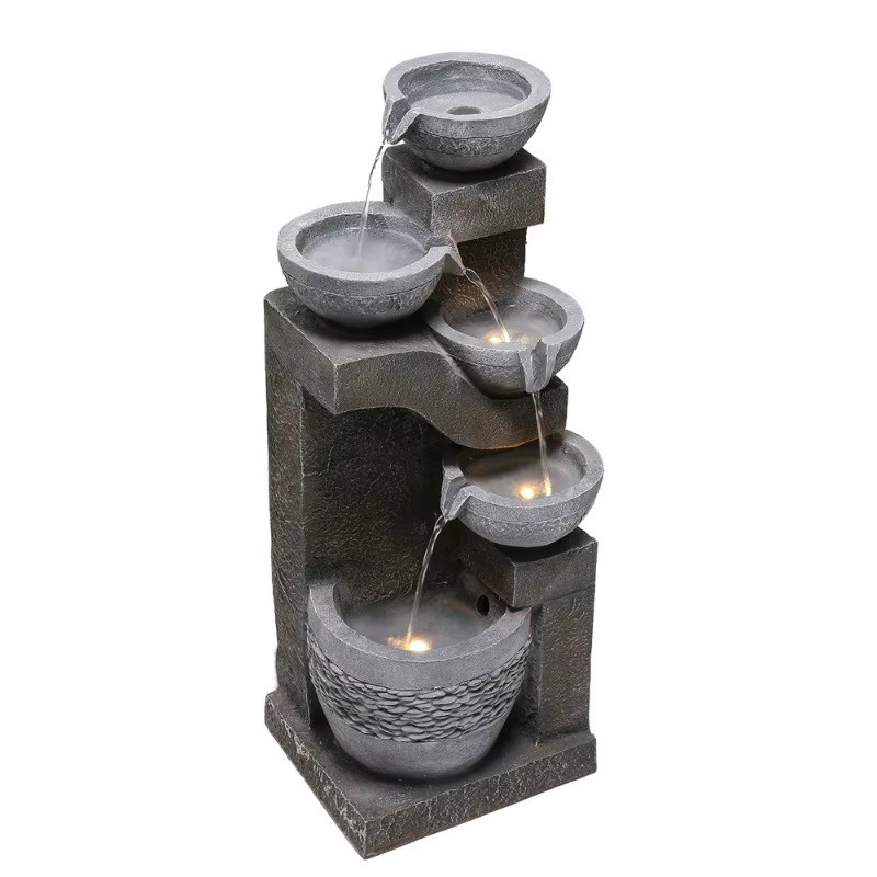 LOCAL Gartenbrunnen mit LED-Beleuchtung und Wasserpumpe aus Kunststein in Armeegrün - Bild 2