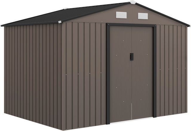 Outsunny Gartenhaus aus verzinktem Stahl mit Fundament-Kit, Geräteschuppen mit abschließbaren Schiebetüren und 4 Belüftungen, braun, B/T/H: 277 x 195 x 192 cm, Aosom - Bild 1