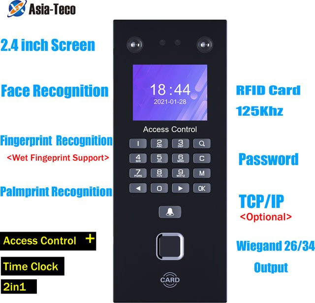 Asia-Teco Biometrisches Zutrittskontrollsystem mit Gesichtserkennung, Fingerabdruck und 125kHz RFID in Schwarz - Bild 1