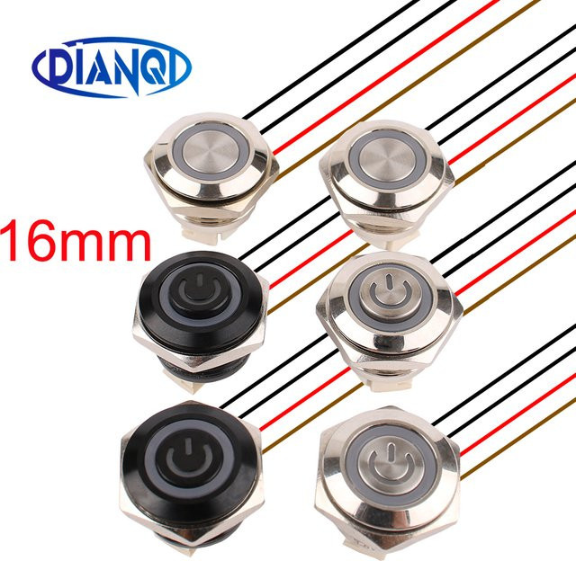 DIANQI Ultra kurzer Druckschalter mit LED-Licht, wasserdicht, Momentary Selbst-reset, 16mm, 12V/220V, Farbe: Blau/Silber - Bild 1
