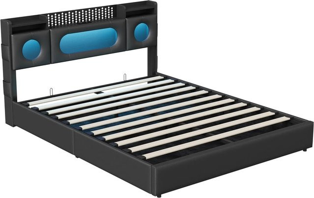 PXloue Polsterbett mit LED-Beleuchtung und USB-Ladefunktion aus Kunstleder, B/T/H: 160 x 200 x 45 cm - Bild 1