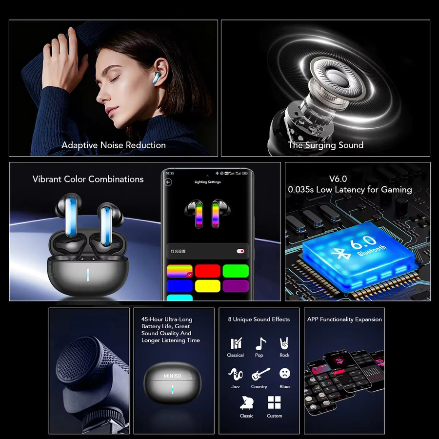 MINISO MS110 Drahtlose In-Ear Bluetooth Kopfhörer mit ANC Active Noise Cancelling, AI Translator und RGB Beleuchtung in Schwarz - Bild 2