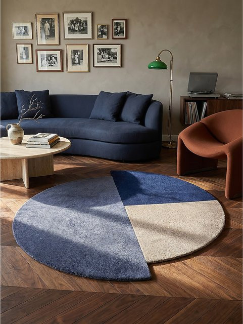 Geometrischer Wollteppich Kadima Design HALLEIN in Blau-Beige, Durchmesser: 150 cm - Bild 1