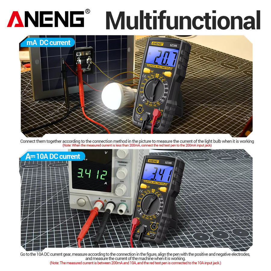 ANENG SZ306 Digitales Multimeter mit 1999 Messungen, 600V AC/DC, 10A DC Strom, Widerstand, NCV und Durchgangsprüfung in Rot und Schwarz - Bild 4