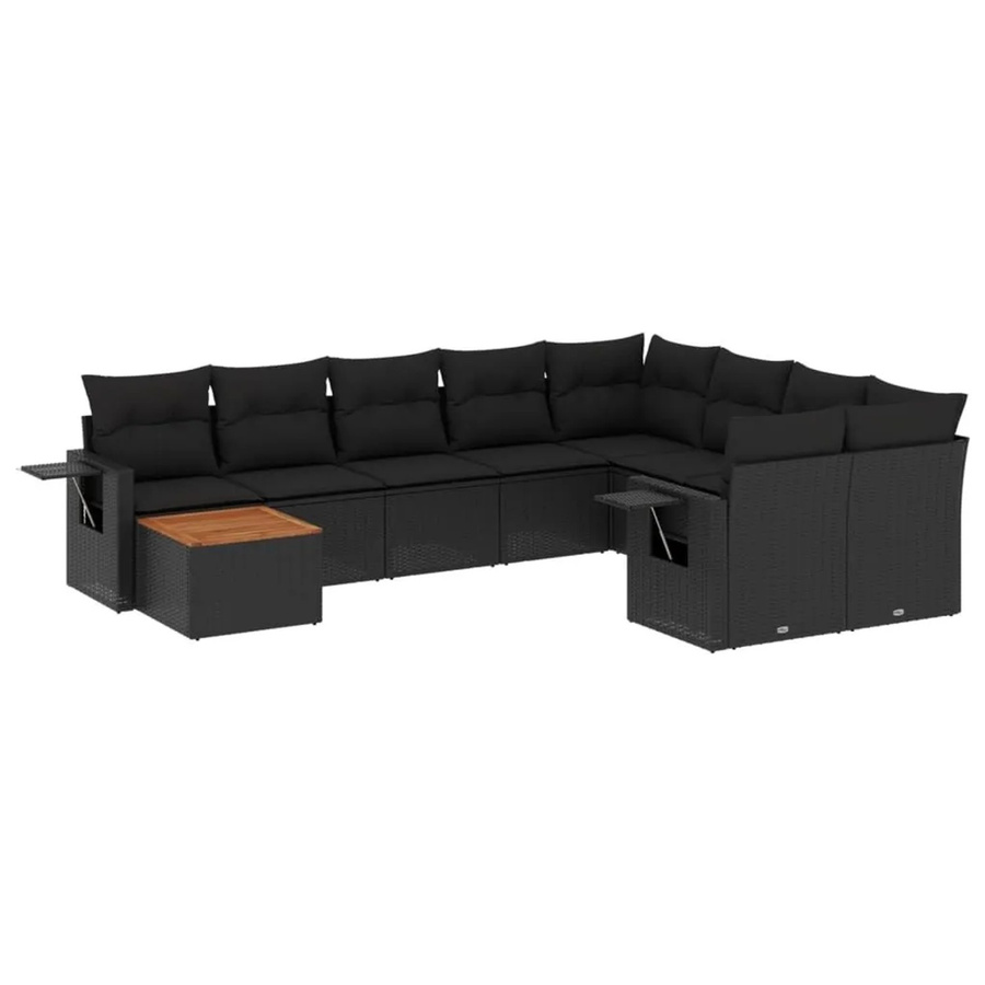 vidaXL 10-tlg. Garten-Sofagarnitur in L-Form aus Polyrattan und Akazienholz mit Kissen, Schwarz - Bild 2