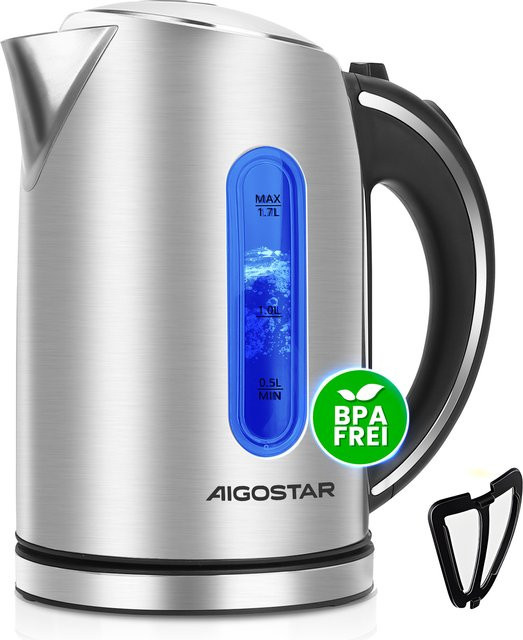 Aigostar Wasserkocher Edelstahl Silber, 1,7 l, 2200 Watt mit Kalkfilter und Abschaltautomatik - Bild 1