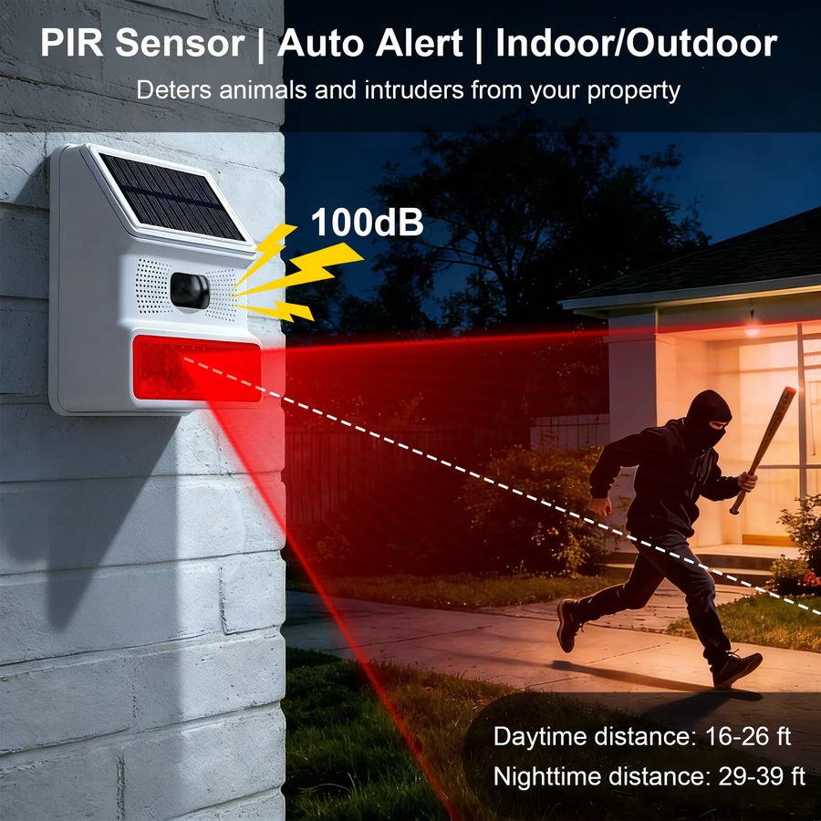 PGST Solar-Alarmanlage mit PIR-Bewegungsmelder, Sirene und Blitzlicht in Weiß, IP65 wasserdicht - Bild 3