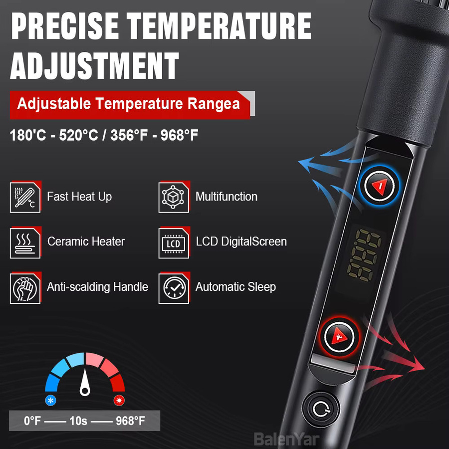 BalenYar 80W Lötkolben-Set in Schwarz mit regelbarer Temperatur von 180-520 °C und 5 Lötspitzen - Bild 3