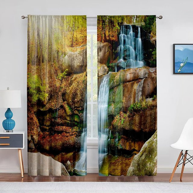 Yiran Furniture 2er Set Vorhänge mit Wasserfall-Naturlandschaft Design in Grün und Multicolour, halbtransparent, Breite: 100 cm, Höhe: 130 cm - Bild 1