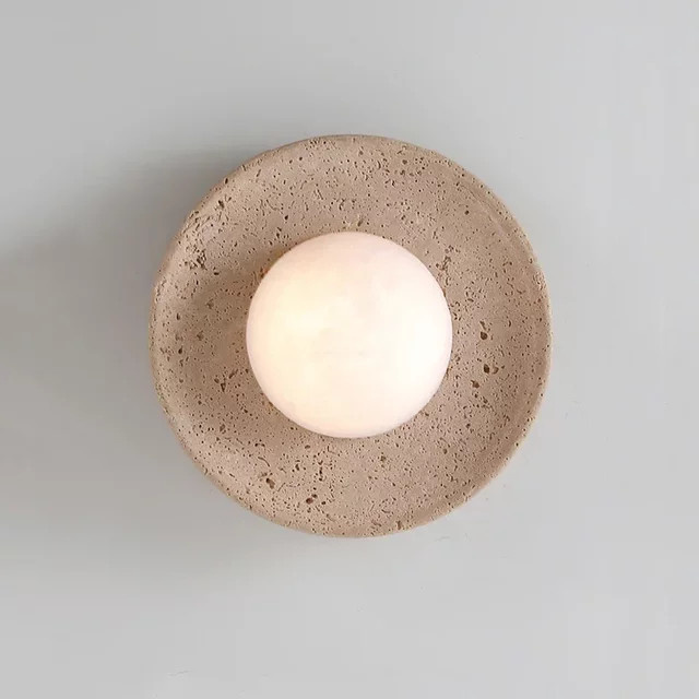 Wabi Sabi LED Wandleuchte aus Naturstein in Beige, kreisförmige minimalistische Wanddekoration für Korridor und Treppe, warmweiß - Bild 1