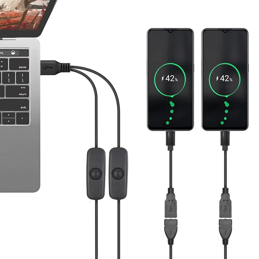 USB 1-in-2 Verlängerungskabel mit Ein-/Ausschalter in Schwarz, USB-A Stecker auf USB-A Buchse Hub-Splitter als Ladekabel für LED-Lampen, Lüfter und LED-Streifen - Bild 4