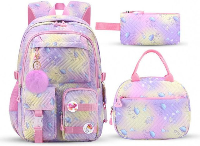 OKKID Schulrucksack Set für Mädchen mit Brotdose und Federmäppchen, 3-teiliges Set, Mehrfarbig - Bild 1