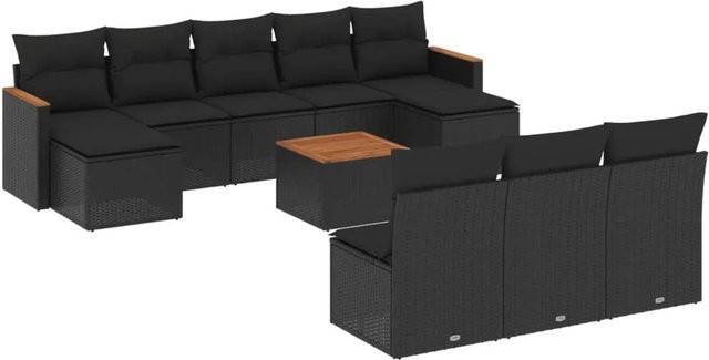 vidaXL 11-tlg Garten-Sofagarnitur in U-Form aus schwarzem Poly-Rattan mit Kissen und Akazienholz - Bild 1