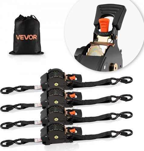 VEVOR Ratschenspanngurte Set 4er Pack Schwarz mit S-Haken, Breite: 2,54 cm, Länge: 4,9 m, Bruchlast 700 kg aus Carbonstahl - Bild 1