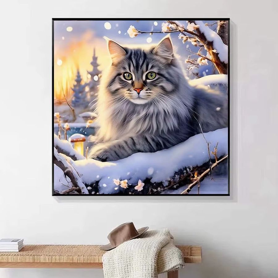 HUACAN 5D Diamant-Stickerei-Set majestätische Winter-Katze Strass-Leinwand für Kunsthandwerk B/H: 20 x 20 cm - Bild 4