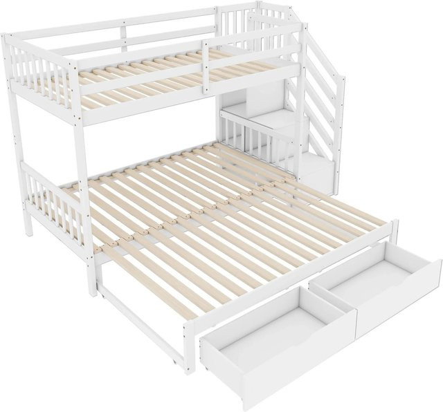 KOMHTOM Etagenbett aus Kiefernholz und MDF in Weiß mit Ausziehbett, Lattenrost, zwei Schubladen und integrierten Stufen, minimalistisches Design für Kinder, B/T/H: 90 x 200 x 150 cm - Bild 1