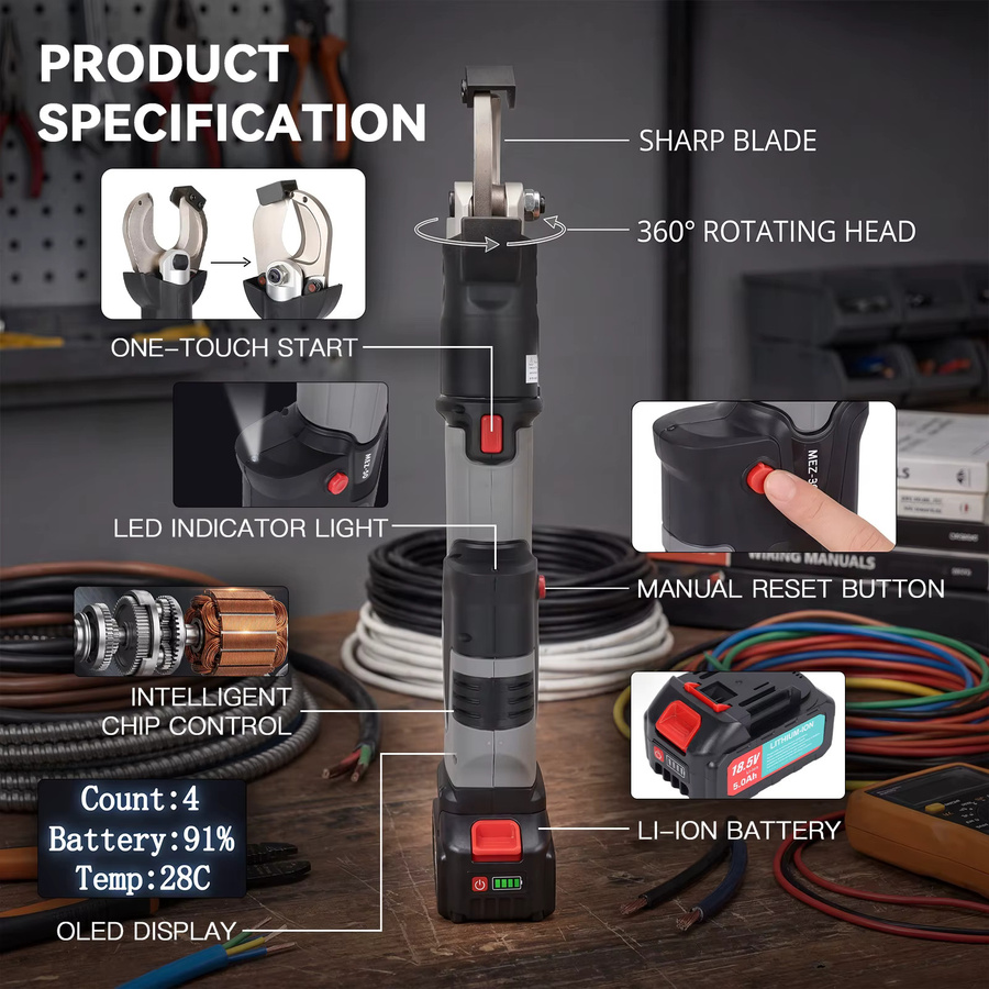 Podofo Hydraulisches Crimpwerkzeug Elektrischer Kabelschneider mit 2 Lithium-Ionen-Akkus und LED-Anzeige in Schwarz - Bild 3