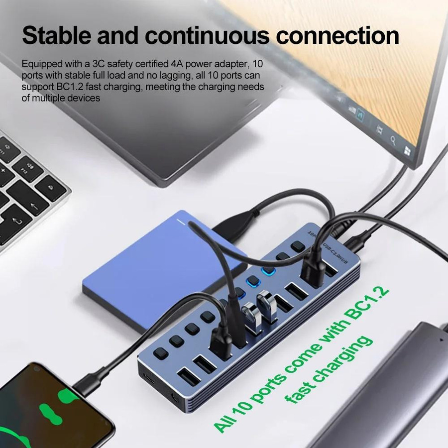 Meiteai USB 3.0 Hub 7-in-1 USB-A Splitter mit unabhängigen Schaltern und 12V Netzteil für PC, Laptop und Tablets - Bild 3