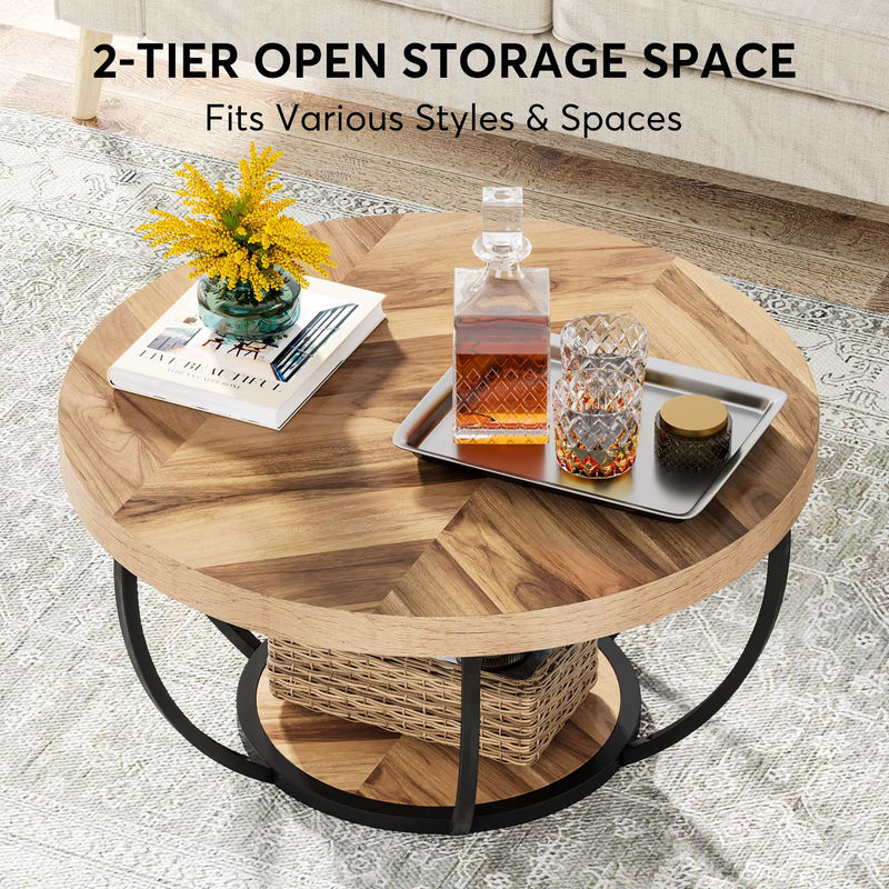 Tribesigns runder Couchtisch im industriellen Design mit 2 Ablageflächen aus Holz, braun - Bild 5