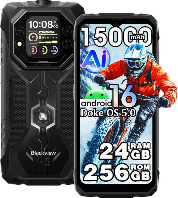 Blackview ROCK 1 Smartphone Schwarz mit 256 GB Speicher, 24 GB RAM, 15000 mAh Akku und 6,56 Zoll Display, Android 16, 16 MP Kamera - Bild 1