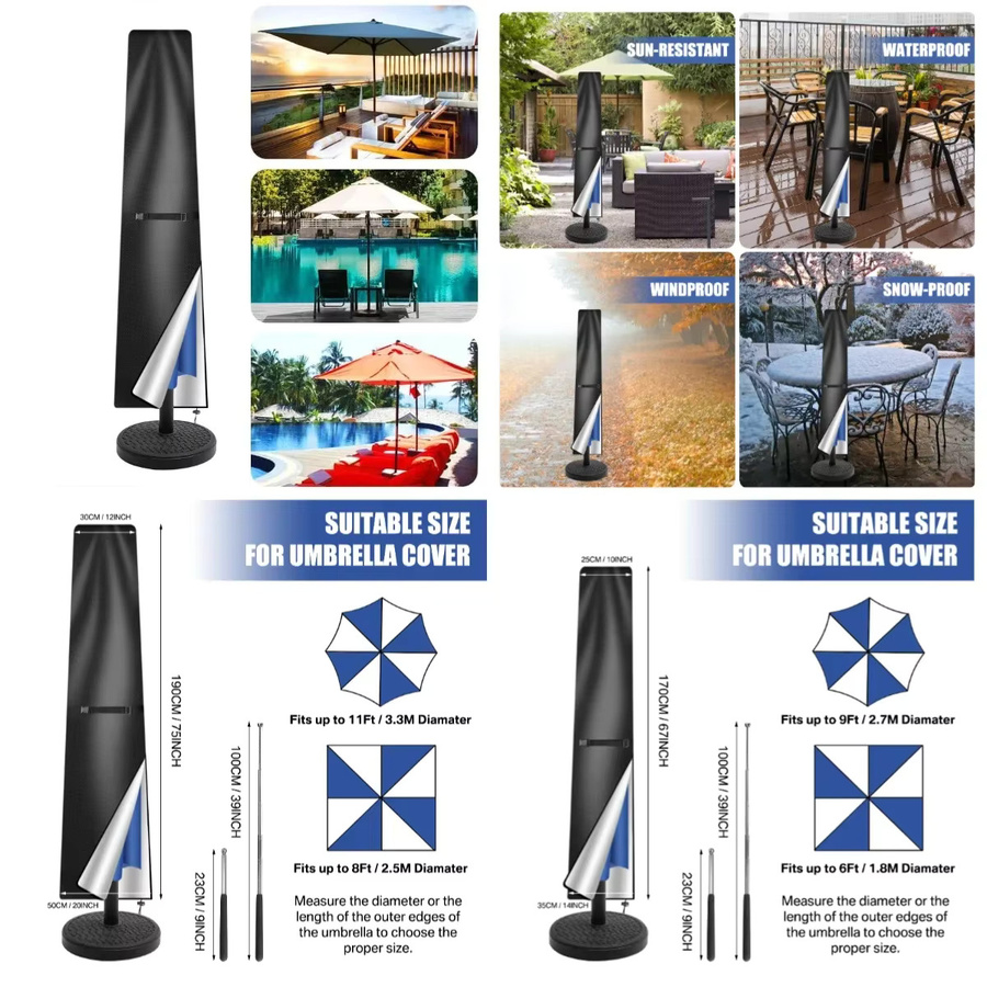 Wasserdichte Terrassenschirmabdeckung aus 210D Oxford Polyester mit Reißverschluss und Schubstange, Beige oder Schwarz - Bild 6
