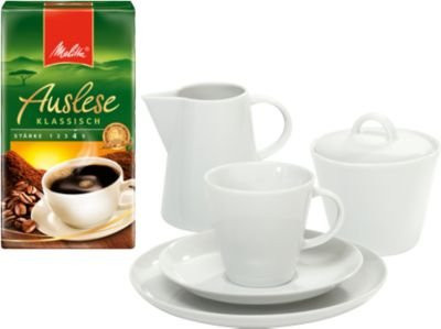 Kaffeegarnitur Solea aus Porzellan in Weiß, 20-teilig mit 500 g Melitta Auslese klassisch Kaffee - Bild 1