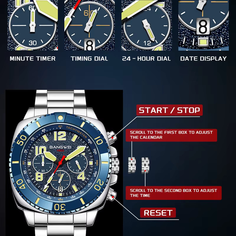 BANGWEI Armbanduhr, Quarz, Edelstahl, Blau, Herren - Bild 6