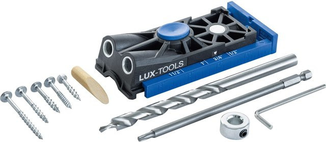 LUX-TOOLS 10-teiliges Taschenloch-Bohrschablone Set mit HSS-Twist-Drill Bohrer in Schwarz und Blau - Bild 1