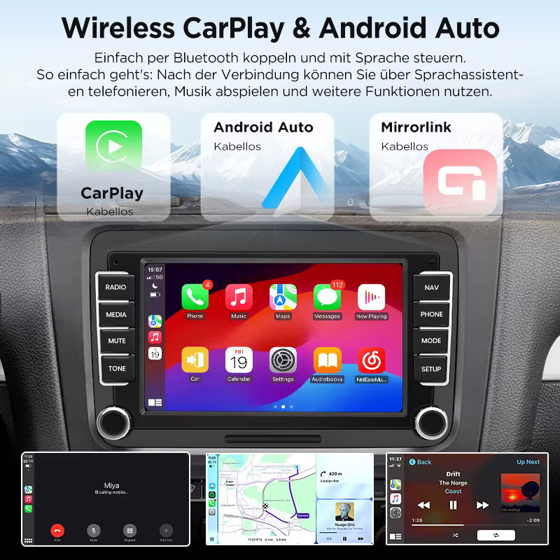 Junsun Android Autoradio mit 7 Zoll IPS-Bildschirm und Bluetooth für VW Volkswagen Skoda Octavia Golf 5 6 Touran Passat B6 Polo Jetta, kabellos für Apple CarPlay, Schwarz - Bild 3