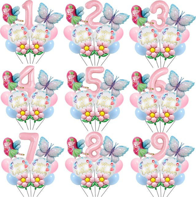 Blumenfee Luftballons-Set mit Schmetterlingsmotiv und floralem Design in Grau für deine Geburtstagsdekoration - Bild 1