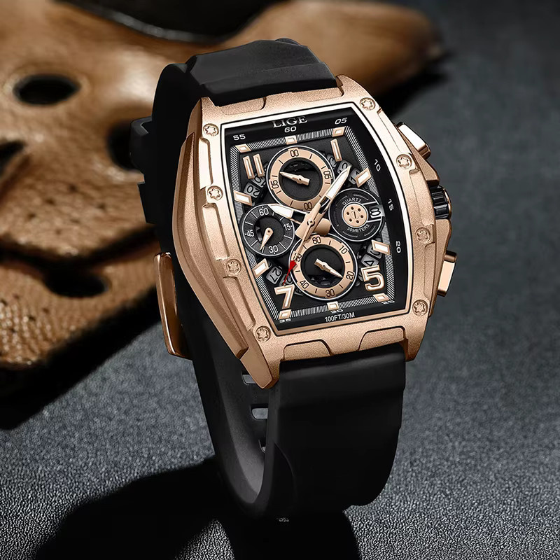 LIGE Armbanduhr Chronograph, Quarz, Eckig, Schwarz, Roségold, Herren - Bild 2