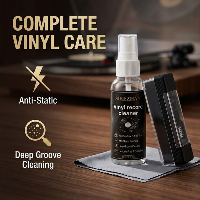 SIKEZHAN Professionelles Vinyl-Schallplatten-Reinigungsset mit 60ml Alkoholfreiem Spray, Antistatischer Samtbürste und Reinigungstuch für LP-Plattenspieler - Bild 1