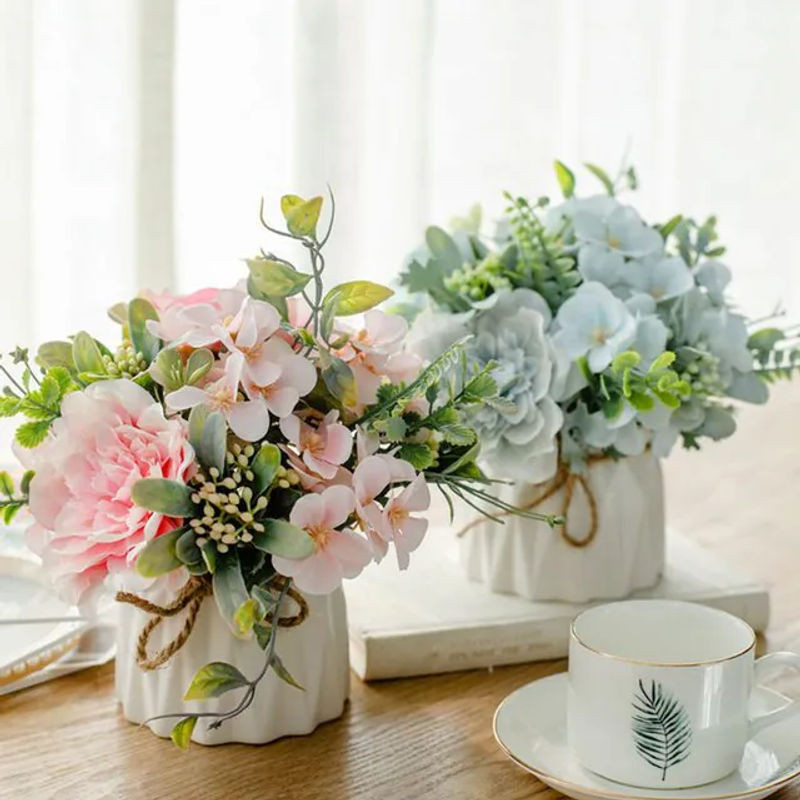 Künstliche Pfingstrosen und Rosen aus Textil in Gelb und Mehrfarbig als floraler Dekorationsstrauß für Hochzeit und Heimdeko - Bild 1