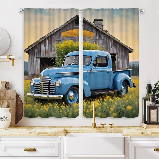 2er-Set Vintage Pickup Truck Ziergardinen mit digitalem Druck in Blau und Schwarz, B: 132 cm, H: 160 cm - Bild 1
