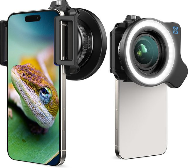 Apexel HD 10-20X Zoom-Makroobjektiv mit LED-Fülllicht in Schwarz für iPhone, Samsung und alle Smartphones zur Mikro- und Wimpern-Makrofotografie - Bild 1
