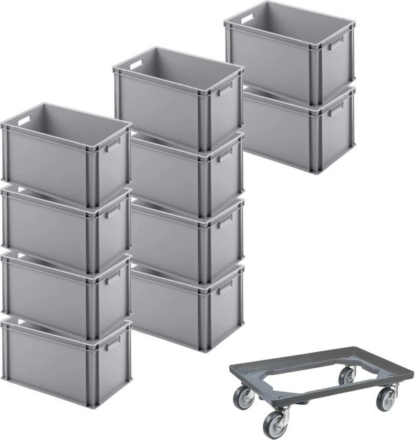 PROREGAL SparSet mit 10 Eurobehältern mit offenem Griff und 1 Transportroller, Grau, H x B x T: 32 x 40 x 60 cm - Bild 1