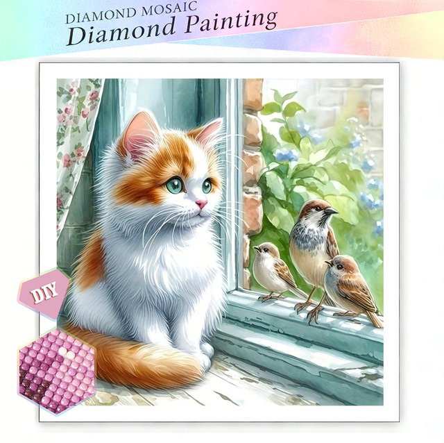 EverShine DIY Diamant-Mosaik Set Katze und Vogel mit runden Steinen in Multicolour zur Heimdekoration - Bild 1