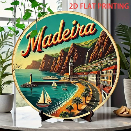 Potdemiel Vintage Wanddekoration aus Eisen Madeira Landschaft mit Küstenuhr Turm und Yacht, B/H: 20,07 x 19,8 cm