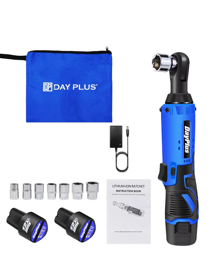DayPlus Kabelloser elektrischer Ratschenschlüsselsatz 3/8 Zoll in Blau mit 2x 1500mAh Li-Ion-Akkus und 7 Steckschlüsseln für Auto, Fahrrad und Montage - Bild 8