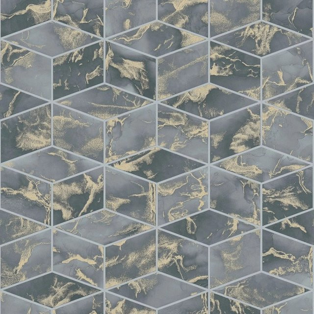 Profhome Grafik Tapete Geometrisch Art Deco in Blau Gold Schwarz, Vlies, Breite: 0,53 m, Länge: 10,05 m - Bild 1