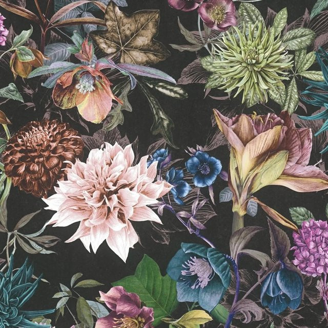 PROFHOME 381757-GU Floral Tapete mit Blumenmuster in Schwarz, Rosa und Türkis, Matt, Vlies, Breite: 0,53 m, Länge: 10,05 m - Bild 1