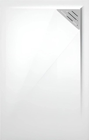 Mirlo Trinity Duschwanne aus Mineralguss Extra Flach in Weiß mit Chrom-Ablaufschutz und rechtsbündigem Ablauf B/B: 140 x 80 cm