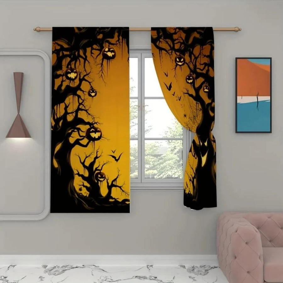 Yiran Furniture Halloween Vorhänge mit Kürbis- und Magischer Wald Motiv, Verdunkelungsvorhänge aus Polyester in Schwarz und Orange, B: 55 cm, H: 120 cm - Bild 2