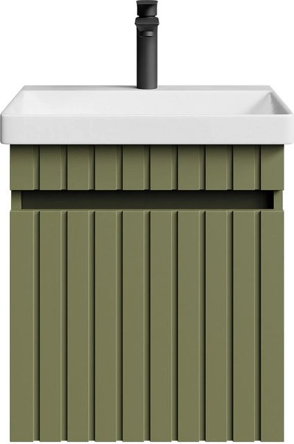 Planetmöbel COSMIA Waschtisch in Mintgrün Matt mit Keramikwaschbecken und Schublade sowie Armatur in Matt Schwarz, Breite: 50 cm - Bild 1