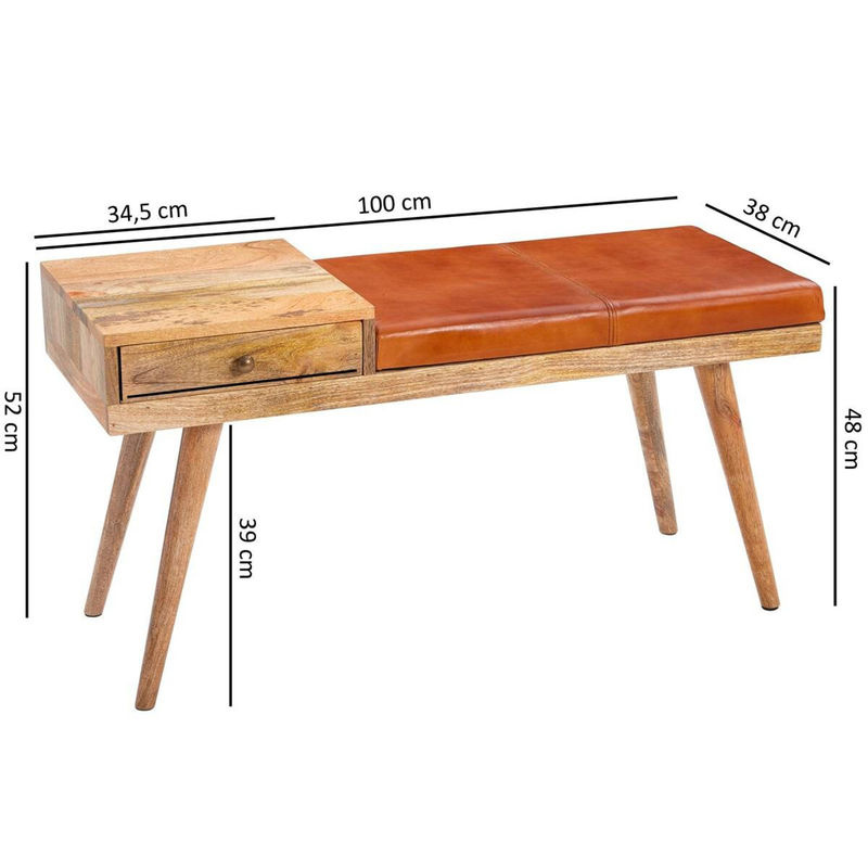 Wohnling Sitzbank aus Mango-Echtholz und Leder in Braun im Retro-Design, B/H/T: 100 x 52 x 38 cm - Bild 3