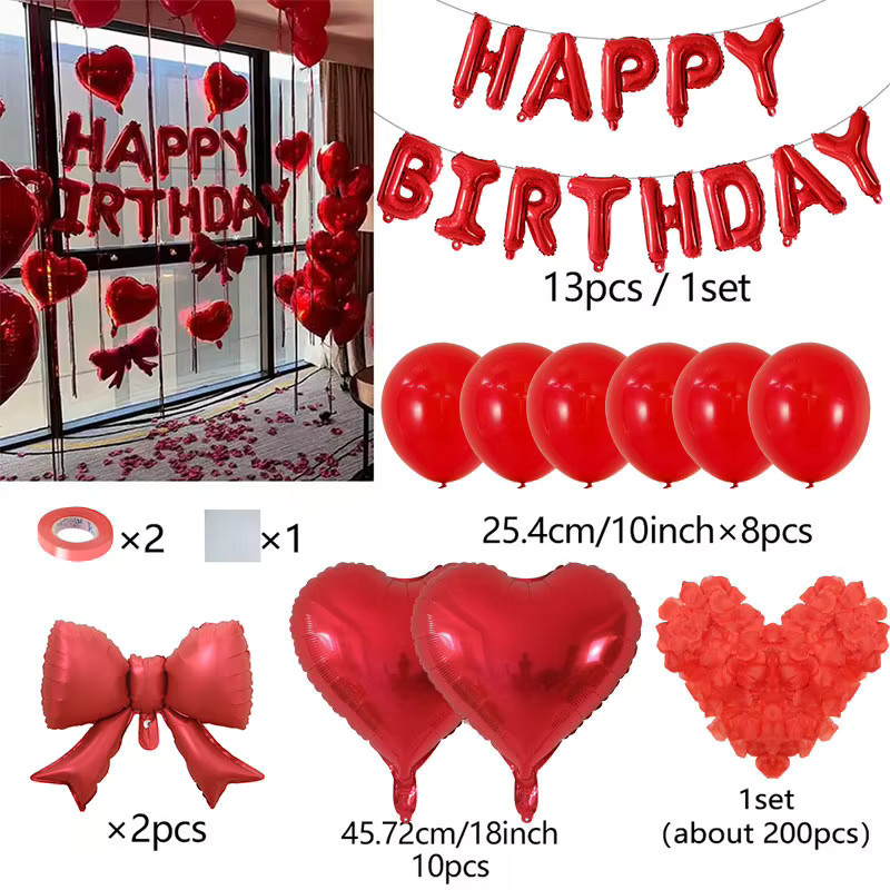 Happy Birthday Bannerballon Set in Rot mit Herz-Dekoration für Geburtstage, Jubiläen und Mottopartys - Bild 3