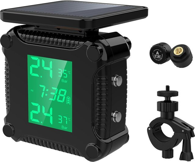 VehicleKit Reifendruckkontrollsystem mit Solarladung und grünem LCD Display, wasserdichter Motorrad-Reifenalarm in Grün und Schwarz - Bild 1