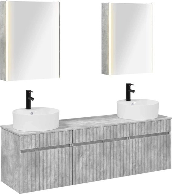 vidaXL Badezimmerschrank-Set 5-teilig in Betongrau mit LED-Beleuchtung und Spiegelschrank, B/T/H: 53 x 15,5 x 70 cm - Bild 1