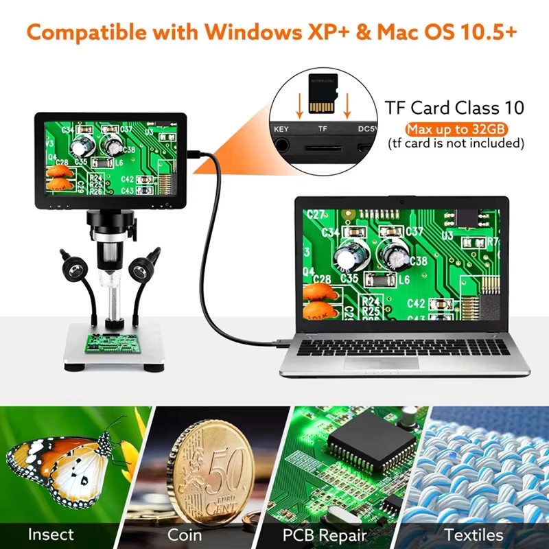 Elikliv DM9 Digitales Mikroskop mit 7 Zoll HD LCD Display, 50X-1200X Vergrößerung, Schwarz, Video Mikroskop Kamera für PCB und Elektronik Löten - Bild 3