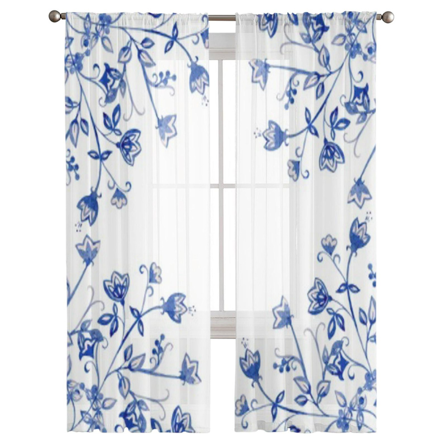 Super Six Transparentes Organza-Voile-Vorhang mit Aquarellblauen Blumen, Breite: 135 cm, Höhe: 114 cm - Bild 3